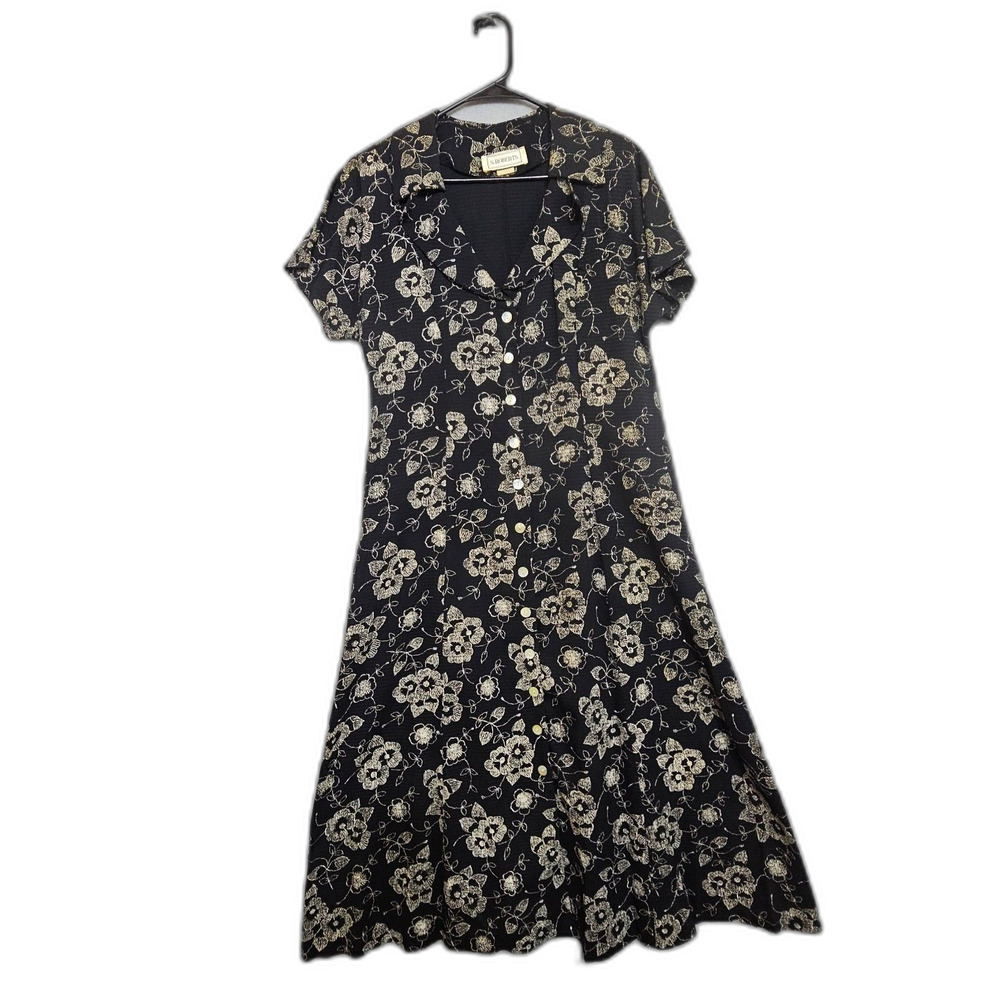 90S S. Roberts Button Front Collared Shirt Dress Grunge Whimseygoth L Black USA